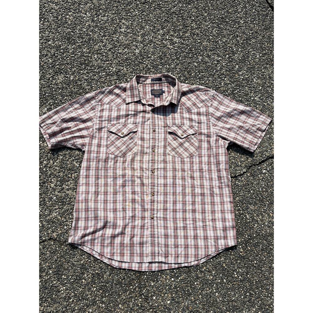 Pendleton Shirt Mens XL Plaid Short Sleeve Frontier Western Pearl Snap red tan